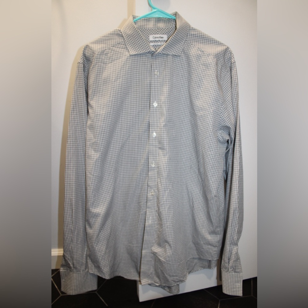 Calvin Klein Men's Black and White Checkered Dress Shirt
